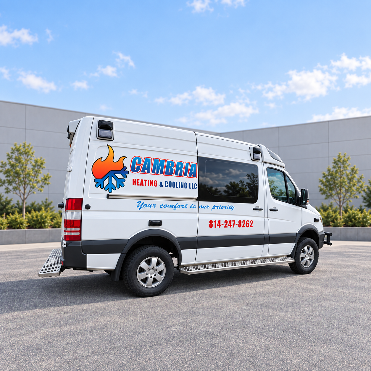 Cambria Heating & Cooling service van against a clean architectural backdrop